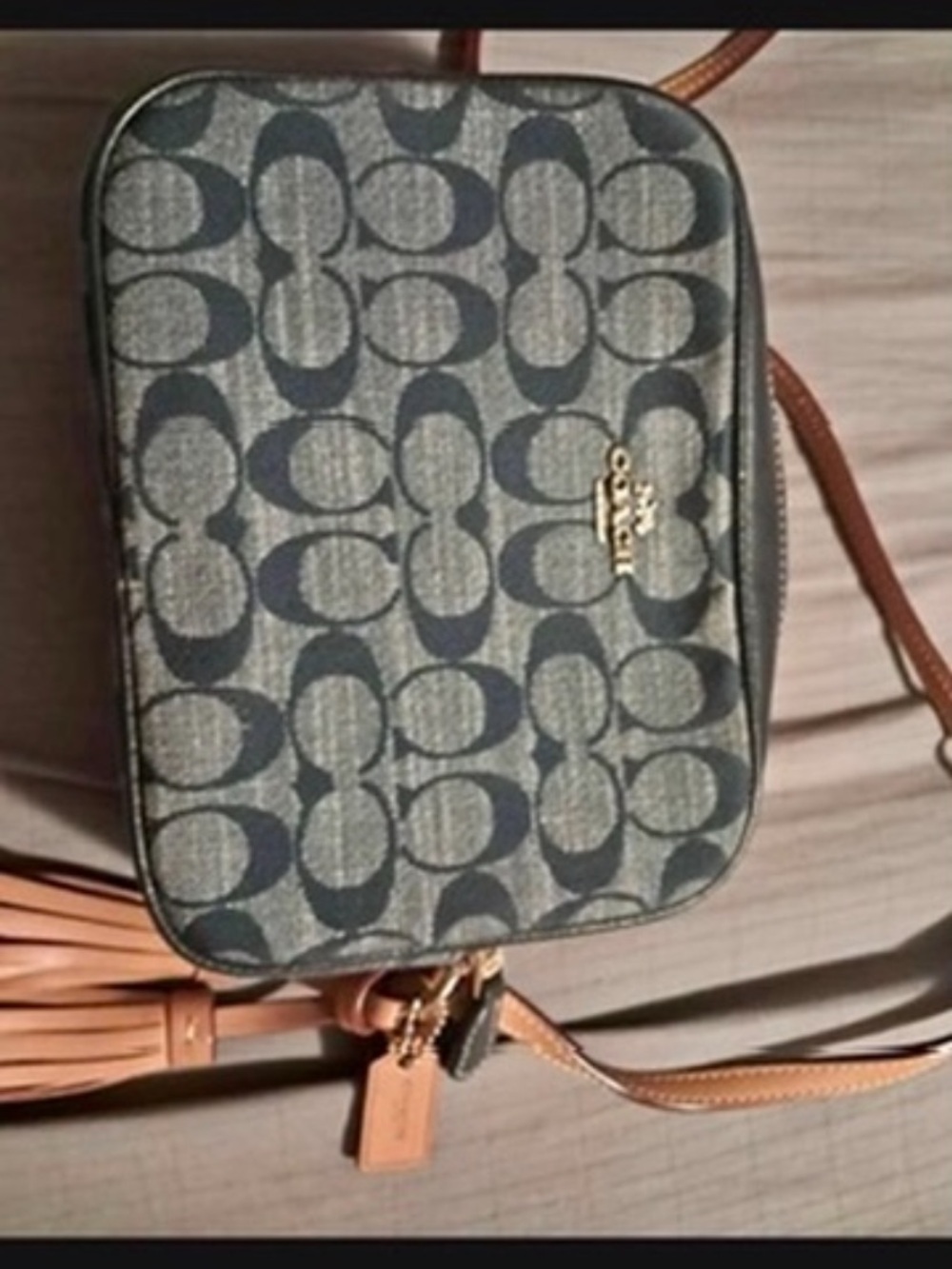 Coach Signature Canvas Denim Crossbody Bag with Red and Tan Trim